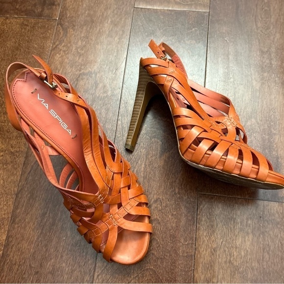 Via Spiga Orange Leather Strappy Heels, Low Platform, Size 9.5 - Picture 4 of 16